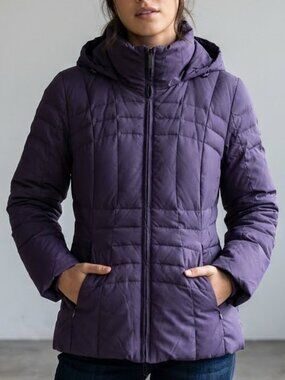Calvin Klein Down Puffer Hooded Jacket Coat Purple Removable Hood Women's L